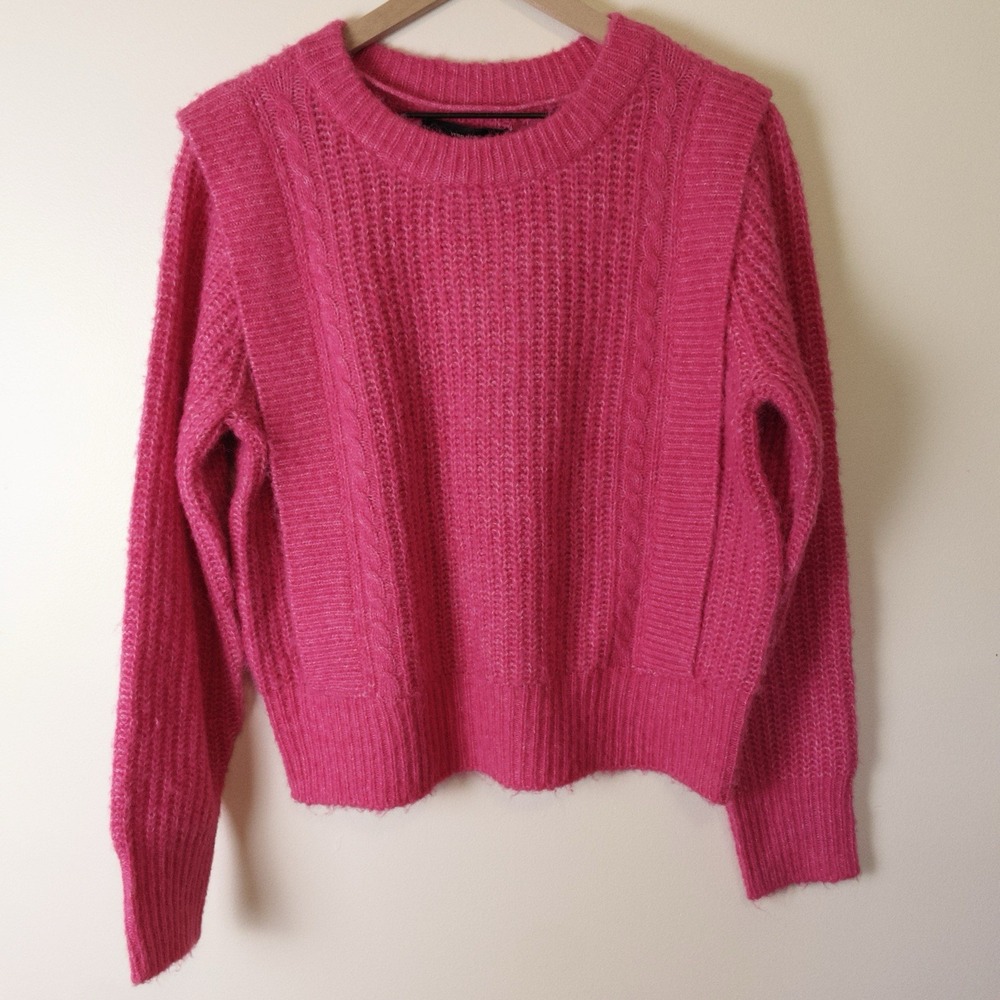 Vero Moda Fuzzy Pink Pullover Sweater Women XL Boxy Crew Neck Pop of Color NEW